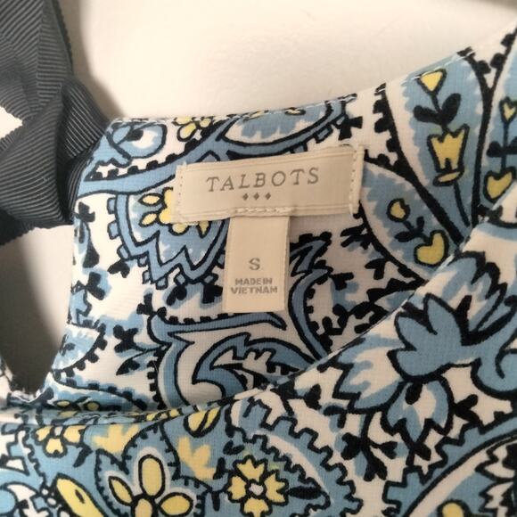 Talbot's Sz Small Blue and Yellow Paisley Sheath Dress Ribbon Tie Short Sleeve - Picture 3 of 7